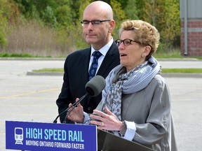 Ontario Premier Kathleen Wynne makes an announcement about high speed rail with transportation minister Steven Del Duca at the Carling Heights Optimist Centre in London, Ontario on Friday May 19, 2017. (MORRIS LAMONT, The London Free Press)