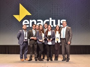 Enactus Lambton picked up its ninth national title at the recent Enactus Canada National Exposition held in Vancouver. Pictured here, from left to right, are faculty advisor Matt Hutchinson, with students Zaid Algaieny, Jason Thompson, Haylee McKelvie, Rafe Jamieson, Courtney Neilson and Megan Rizzo, along with Jon Milos, director of entrepreneurship at Lambton College. (Handout)