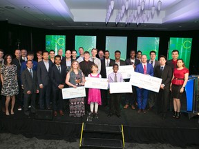 Winners of the 2016 TEC VenturePrize competition. The business contest highlights the growth of Alberta's high-tech and innovation-based companies.