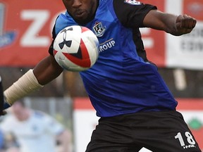 FC Edmonton Tomi Ameobi (18) eyes the ball in front of the Puerto Rico FC net during NASL action at Clarke Stadium in Edmonton, April 22, 2017. FC Edmonton host the Indy Eleven on Saturday (7 p.m.) at Clarke Stadium.