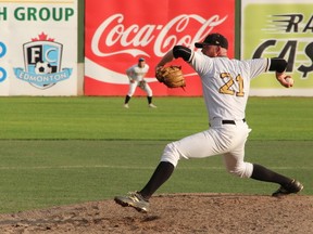 Edmonton prospects pitcher Noah Gapp sends an offering from the mound earlier this season. The Prospects are trying to clinch a spot in the WMBL playoffs.