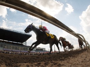 Rico Walcott (4) rides Annie's Candy to a win during the Edmonton Journal Handicap at Northlands Park in Edmonton, Alta. on Saturday, May 27, 2017.