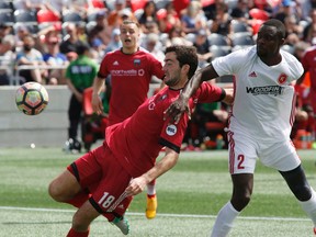 The Ottawa Fury’s Tucker Hume kicks the ball as the Richmond Kickers’ William Yomby looks on during yesterday’s game. (PATRICK DOYLE/Postmedia Network)