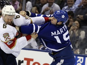 Florida Panthers defenceman Alex Petrovic (6) and Toronto Maple Leafs left wing Matt Martin (15) scrap during a game at the ACC on Tuesday March 28, 2017. (Veronica Henri/Toronto Sun)