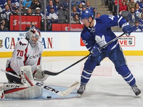 Braden Holtby of the Washington Capitals stops Tyler Bozak of the Toronto Maple Leafs during Game 6 of the Eastern Conference quarterfinals at the Air Canada Centre on April 23, 2017 in Toronto. (Claus Andersen/Getty Images)
