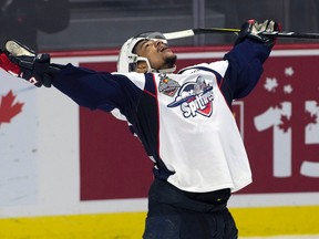 Windsor Spitfires left wing Jeremiah Addison (10) celebrates his third goal against the Erie Otters during the Memorial Cup in Windsor, Ont., on Wednesday, May 24, 2017. (THE CANADIAN PRESS/Adrian Wyld)