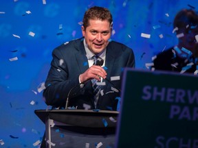 Andrew Scheer, newly elected leader of the Conservative Party of Canada, is showered in confetti during his acceptance speech at the party's convention in Toronto, Ontario, May 27, 2017.