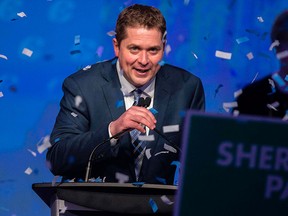 Andrew Scheer, newly elected leader of the Conservative Party of Canada, is showered in confetti during his acceptance speech at the party's convention in Toronto, May 27, 2017. (GEOFF ROBINS/AFP/Getty Images)