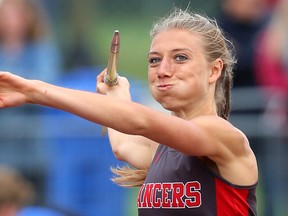 Marissa Mueller of Lambton Central wins the senior girls' javelin with a throw of 45.17 metres during the first day of OFSAA West Regional track and field meet in London on Friday, May 26, 2017. (MIKE HENSEN/Postmedia Network)