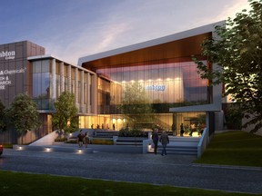 An architect's rendition of the outside of a new health and research building under construction at Lambton College. The college is planning to conduct research into how health care is delivered in rural Ontario, a vice-president says. (Handout)