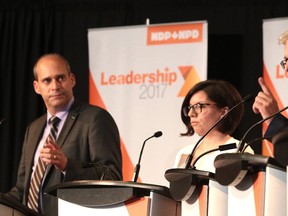Candidate Charlie Angus makes a point at the federal NDP leadership race debate in Sudbury, Ont. on Sunday May 28, 2017. Gino Donato/Sudbury Star/Postmedia Network