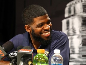 P.K. Subban of the Nashville Predators answers questions during Media Day for the 2017 NHL Stanley Cup Final at PPG PAINTS Arena on May 28, 2017 in Pittsburgh. (Bruce Bennett/Getty Images)