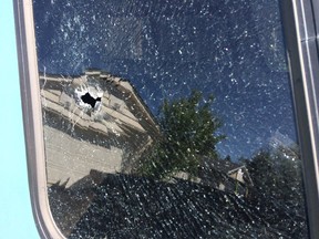 Bullet hole in a west-end home that was the scene of a morning drive-by shooting on Sunday May 28, 2017. Janet French/Postmedia