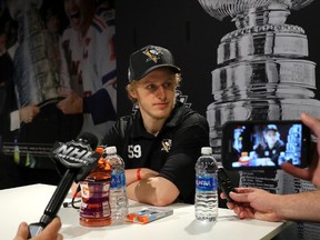 Jake Guentzel of the Pittsburgh Penguins answers questions during Media Day for the 2017 NHL Stanley Cup Final at PPG PAINTS Arena on May 28, 2017 in Pittsburgh. (Bruce Bennett/Getty Images)