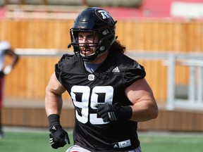 Connor Williams takes part in Redblacks training camp at TD Place yesterday. (Patrick Doyle/Postmedia Network)