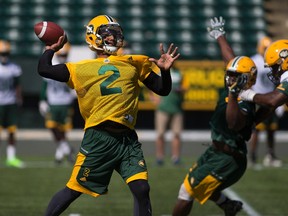 Quarterback James Franklin throws the ball during the first day of training camp for the Eskimos on Sunday May 28, 2017, in Edmonton.