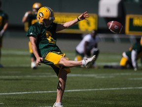 Sean Whyte kicks the ball during the first day of training camp for the Eskimos on Sunday May 28, 2017, in Edmonton.