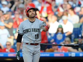 Cincinnati Reds' Joey Votto throws his bat after he strikes out to end the ninth inning of a baseball game against the Philadelphia Phillies on Saturday, May 27, 2017, in Philadelphia. The Phillies won 5-3. (AP Photo/Michael Perez)