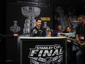 Sidney Crosby of the Pittsburgh Penguins answers questions during Media Day for the Stanley Cup Final at PPG Paints Arena on May 28, 2017. (Bruce Bennett/Getty Images)
