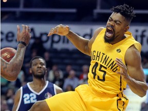 Marvin Phillips of the Lightning dunks on his first possession against the Halifax Hurricanes during a championship playoff series at Budweiser Gardens in London, Ont. on Friday May 26, 2017. (MIKE HENSEN, The London Free Press)