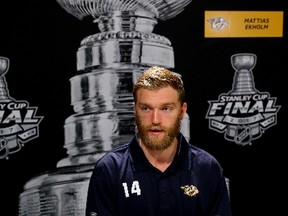 Mattias Ekholm of the Nashville Predators answers questions during Media Day for the Stanley Cup Final at PPG Paints Arena on May 28, 2017. (Bruce Bennett/Getty Images)