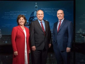 (From Left) B.C. Liberal Leader Christy Clark, Green Party Leader Andrew Weaver and NDP Leader John Horgan pose before the televised leaders debate on April 26, 2017. (BC Broadcast Consortium/PNG)