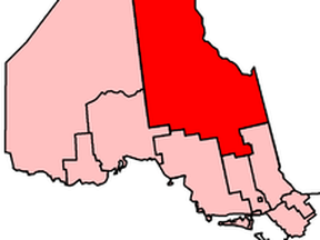 This map shows the current boundaries for the riding of Timmins-James Bay. The lines could be dramatically different after a commission studies adding one or two new ridings in Northern Ontario.