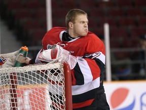 Ottawa 67's goalie Leo Lazarev doesn't look too happy against the Mississauga Steelheads in Game 4 of OHL playoff action in Ottawa on March 30, 2017. (Wayne Cuddington/Postmedia)
