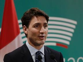 Prime Minister Justin Trudeau holds his G7 closing press conference in Taormina, Italy, on Saturday, May 27, 2017. (AP Photo/Andrew Medichini)