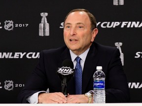NHL commissioner Gary Bettman speaks to the media prior to Game 1 of the Stanley Cup Final at PPG Paints Arena on May 29, 2017. (Matt Kincaid/Getty Images)