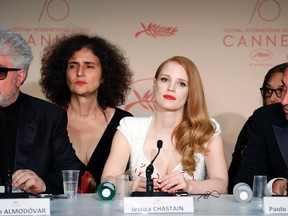 Jury members Jessica Chastain and Paolo Sorrentino attends the Palme D'Or winner press conference during the 70th annual Cannes Film Festival at Palais des Festivals on May 28, 2017 in Cannes, France. (Photo by Andreas Rentz/Getty Images)