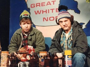 Rick Moranis, left, and Dave Thomas are shown in this undated handout photo as the characters Bob and Doug McKenzie in this scene from the SCTV comedy series.