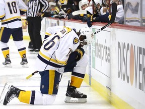 P.K. Subban of the Nashville Predators kneels on the ice before Game 1 of the Stanley Cup final against the Pittsburgh Penguins at PPG Paints Arena on May 29, 2017. (Bruce Bennett/Getty Images)