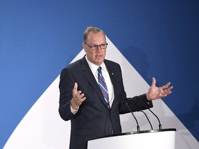 George Cope, President and CEO of BCE Inc., speaks during the 2017 annual general shareholders meeting in Ottawa on Wednesday, April 26, 2017. Cope says his company and its competitors have to invest in infrastructure to keep up with a booming consumer appetite for entertainment both at home and on mobile devices.THE CANADIAN PRESS/Justin Tang