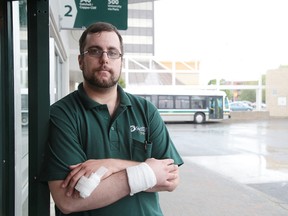 Gino Donato/Sudbury Star
Sudbury Transit bus operator Steve Blondin at the downtown transit terminal in Sudbury on Tuesday.  Blondin was attacked while driving his route Sunday evening. He received  cuts to his wrist and his neck.
