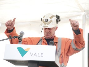 Loader/operator Wayne Beckerleg becomes emotional as he speaks at the the Frood Stobie last skip ceremony in Sudbury on Tuesday. The mine is being put on care and maintenance in July. Gino Donato/Sudbury Star