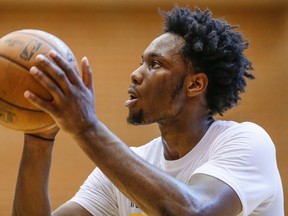 Indiana native and Big Ten player of the year Caleb Swanigan takes part in drills during a pre-draft workout for the Indiana Pacers at Bankers Life Fieldhouse in Indianapolis on May 15, 2017. (Mykal McEldowney/The Indianapolis Star via AP)