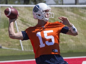 Quarterback Ricky Ray, trying to get better every day, prepares to make a pass during the Argonauts’ training camp at York University on May 30, 2017. (STAN BEHAL/Toronto Sun).