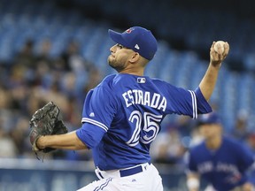 Toronto Blue Jays starting pitcher Marco Estrada pitches against the Atlanta Braves on Tuesday May 16, 2017. (Veronica Henri/Toronto Sun)
