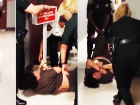 Dasyl Rios is dragged through a courthouse by Broward County Sheriff’s detention deputy.