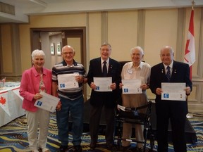 Five volunteers with the Sudbury Conservatives were recognized for their many years of dedicated volunteerism. The members honoured were Mavis White, Mickey White, Glen Burns, Gord Slade and Bob Yrcha. Supplied photo