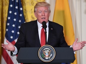 This file photo taken on May 18, 2017 shows US President Donald Trump during a joint press conference with Colombia's President Juan Manuel Santos at the White House in Washington, DC.