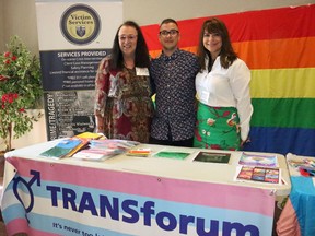 BRUCE BELL/THE INTELLIGENCER
Victim Services of Hastings, Prince Edward, Lennox and Addington Counties hosted its first ransgender Competency Training session at the Greek Hall in Belleville on Wednesday. Pictured are (from left) Stacey Love-Jolicoeur, Tobias Wiggins and Victim Services executive director Lias Warriner.