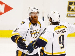 Ryan Ellis of the Nashville Predators celebrates his goal with teammate Filip Forsberg during Game 1 of the Stanley Cup final against the Pittsburgh Penguins at PPG Paints Arena on May 29, 2017. (Gregory Shamus/Getty Images)
