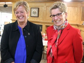 Liberal candiate Debbie Amaroso (left) is joined by Premier Kathleen Wynne in Sault Ste. Marie, earlier this month. (BRIAN KELLY/POSTMEDIA NETWORK)