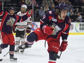 Grand Rapids Griffins forward and Greater Sudbury native Tyler Bertuzzi celebrates a playoff goal. Bertuzzi and the Griffins have rolled over the competition en route to the AHL's Calder Cup final, which begins Friday.