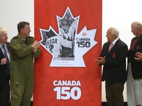 Canadian hockey royalty helped unveil a new Canada 150 stamp to honour the 1972 Summit Series. (Winnipeg Sun/Postmedia Network)