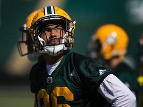 Arjen Colquhoun waits for his turn to run a drill during the first day of training camp for the Eskimos on Sunday May 28, 2017, in Edmonton.