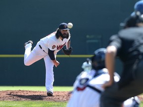 Winnipeg Goldeyes starting pitcher Zach Nuding delivers during American Association action against the Sioux Falls Canaries at Shaw Park in Winnipeg on Wed., May 31, 2017. Kevin King/Winnipeg Sun/Postmedia Network