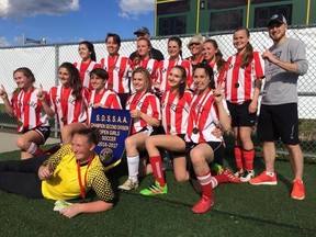 The Macdonald Cartier Pantheres girls soccer team earned a split on Day 1 of the OFSAA A girls championships in Toronto on Wednesday to keep their title hopes alive. Bruce Heidman/The Sudbury Star